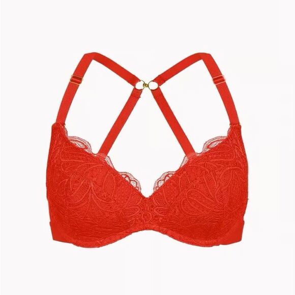 Lively Scalloped Lace No-Wire Push-Up Convertible Bra Tomato Red 34DDD - Picture 3 of 7
